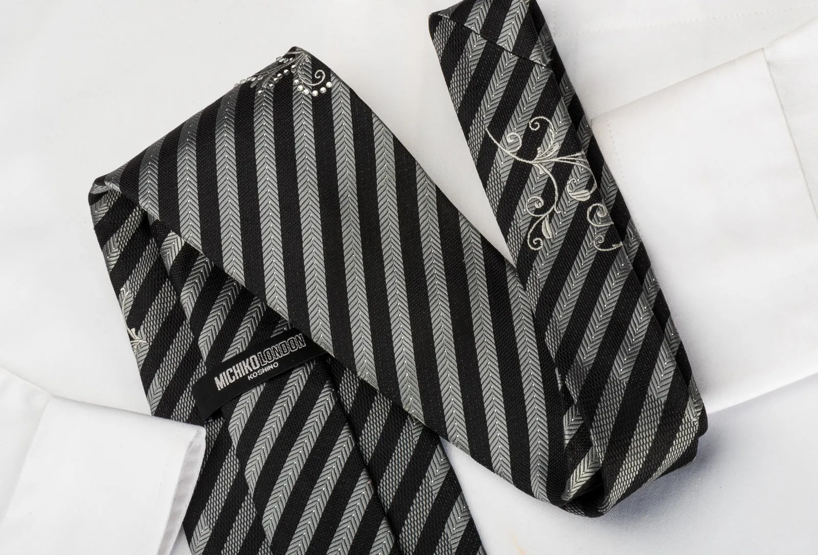 Silver Black Striped Rhinestone Silk Necktie With Silver Sparkles