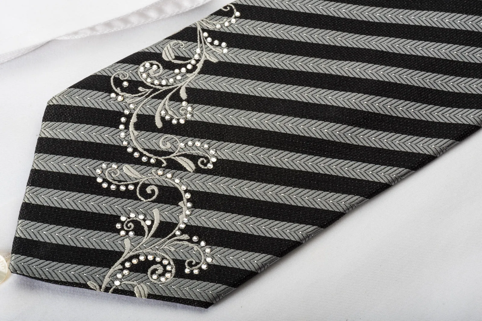 Silver Black Striped Rhinestone Silk Necktie With Silver Sparkles