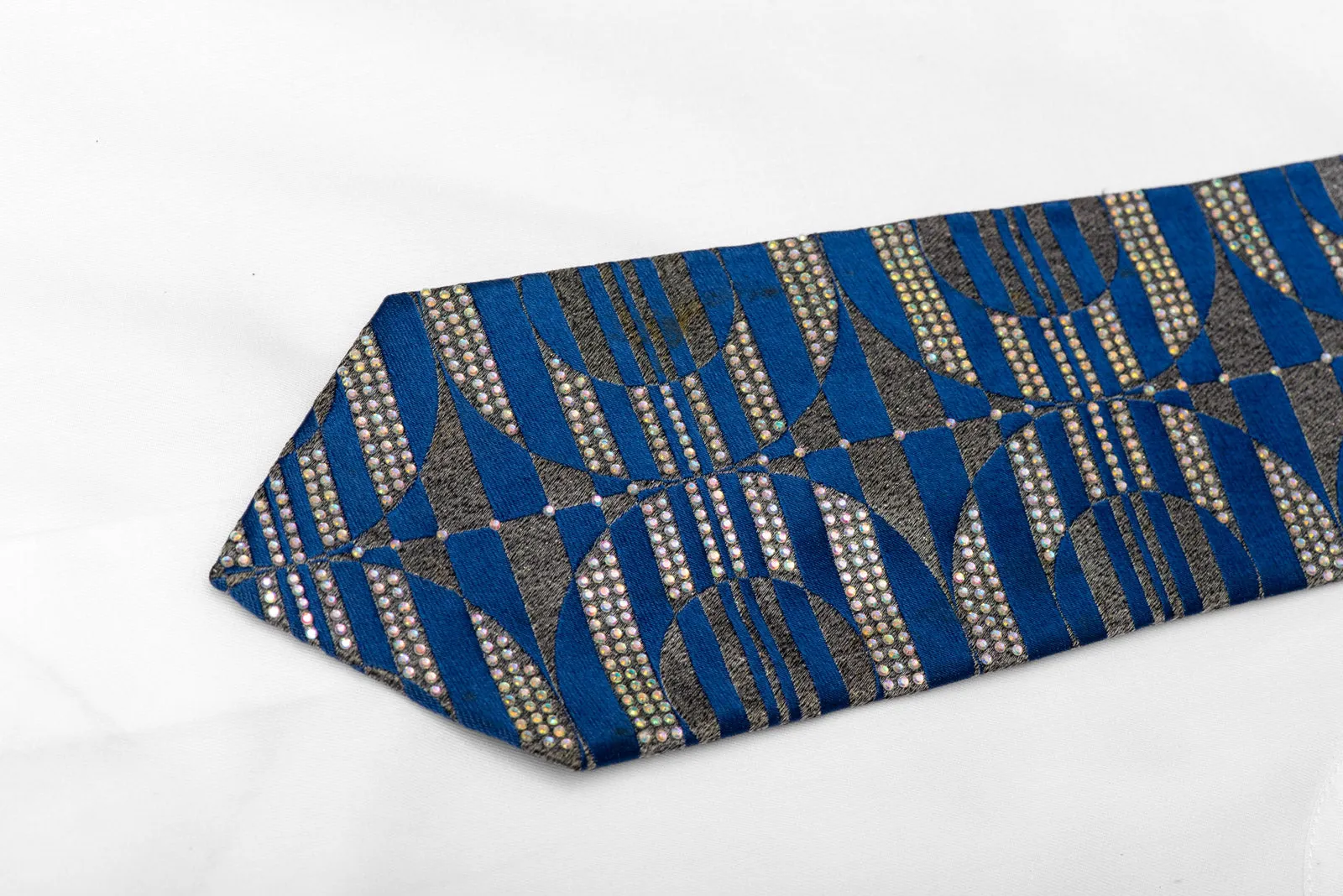 Silver Blue Geometric Rhinestone Silk Necktie