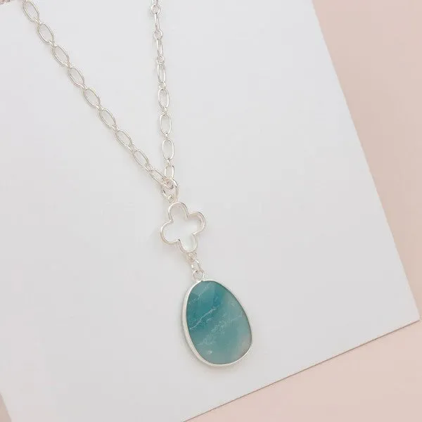 SILVER FLOWER WITH TURQUOISE STONE LONG NECKLACE**