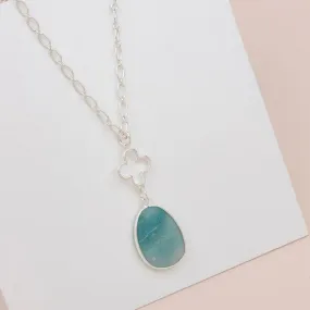 SILVER FLOWER WITH TURQUOISE STONE LONG NECKLACE**