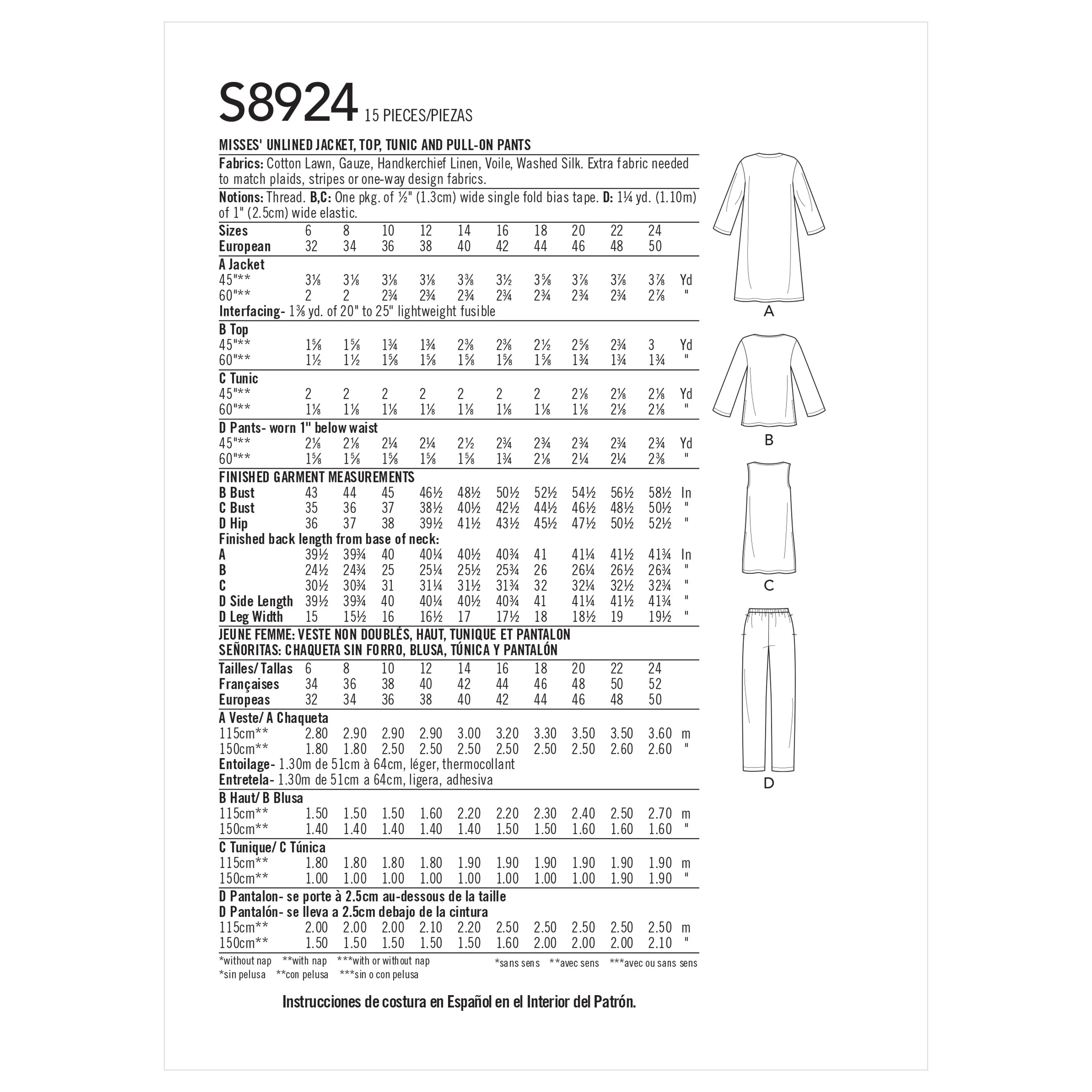 Simplicity Pattern 8924 Misses' Jacket, Top, Tunic & Pull-on Pants