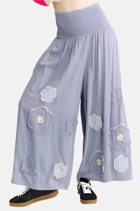 Smocked Waist Flower Patch Wide Leg Pants Blue