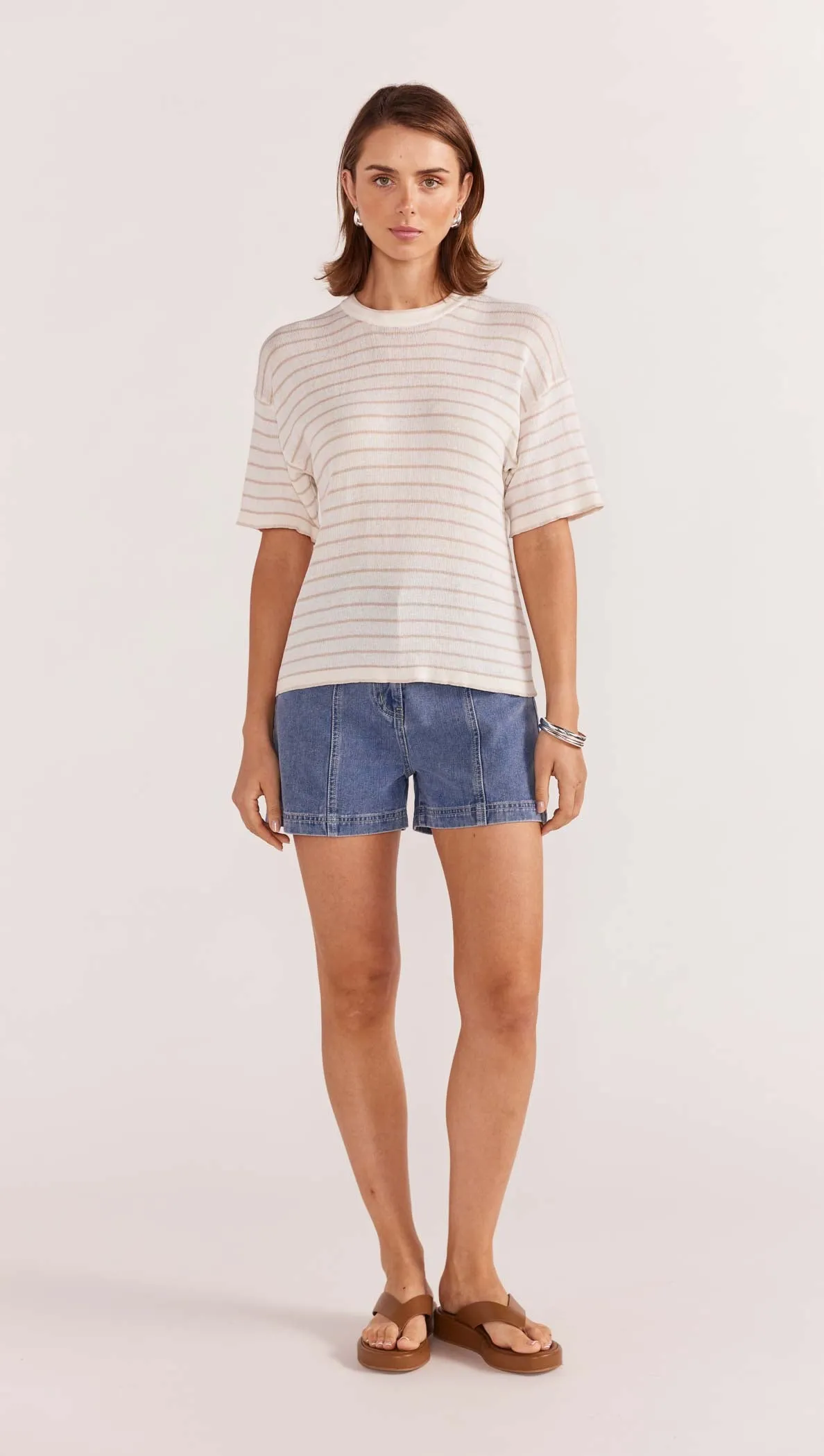 Staple the Label Paige Stripe Knit Tee - White/Beige