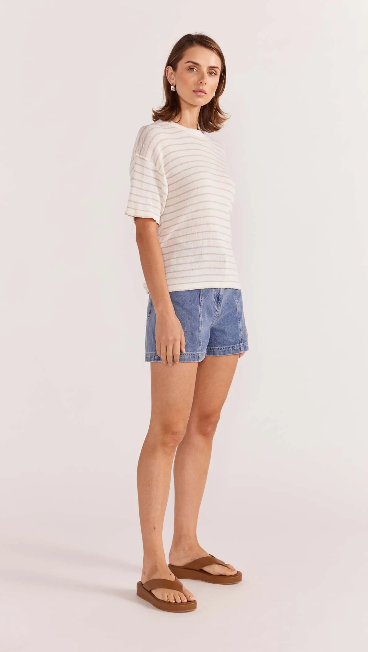 Staple the Label Paige Stripe Knit Tee - White/Beige