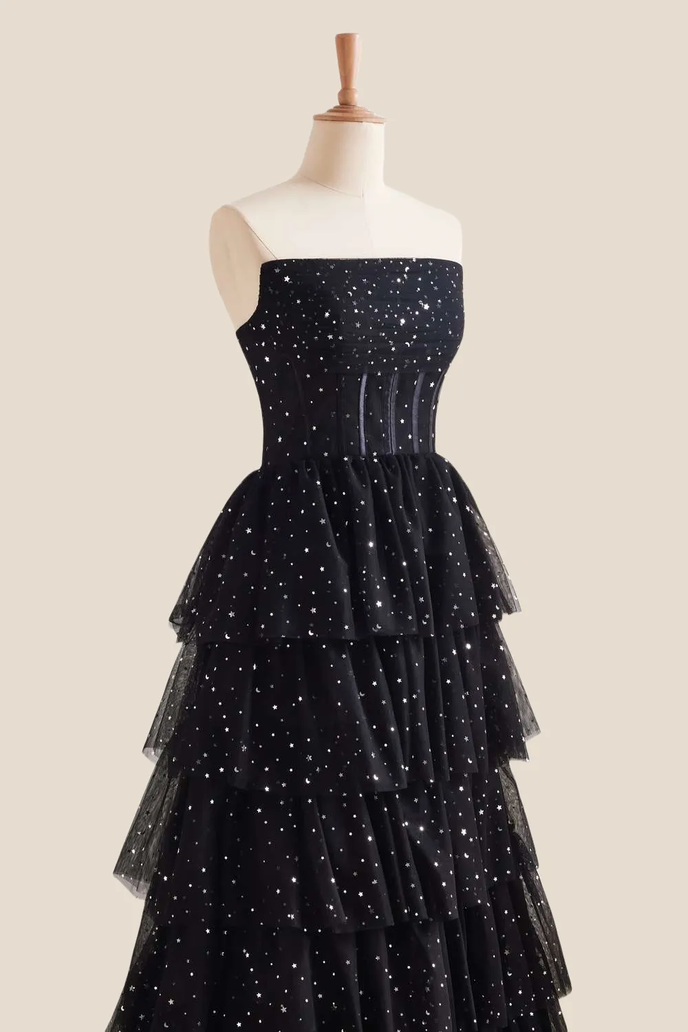 Strapless Black Stars Tiered Tulle Long Dress