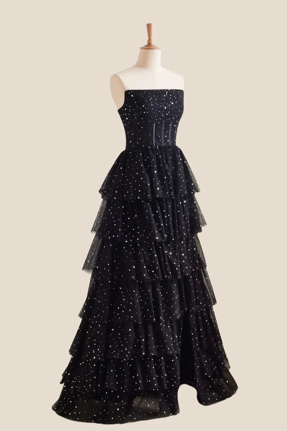 Strapless Black Stars Tiered Tulle Long Dress