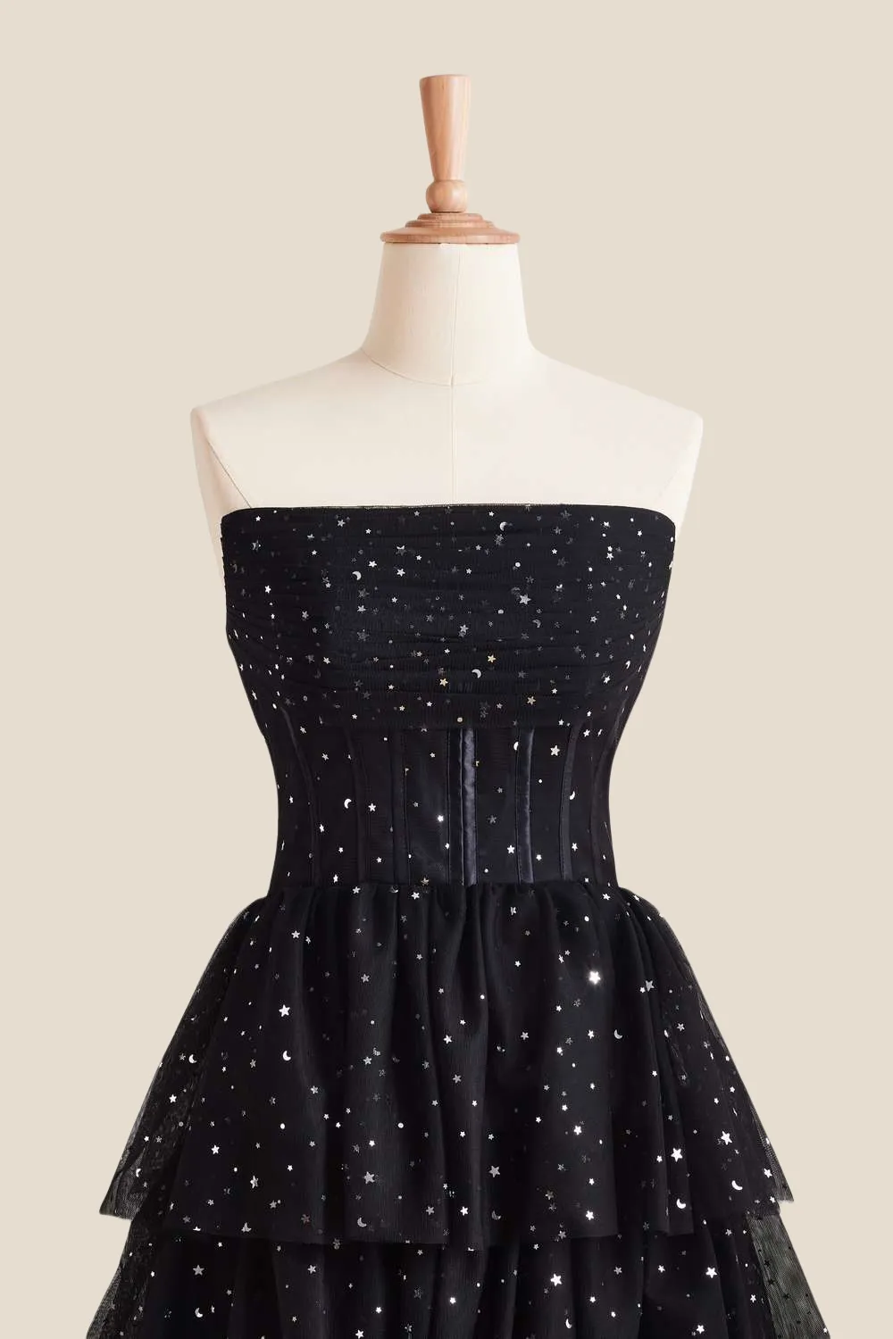 Strapless Black Stars Tiered Tulle Long Dress