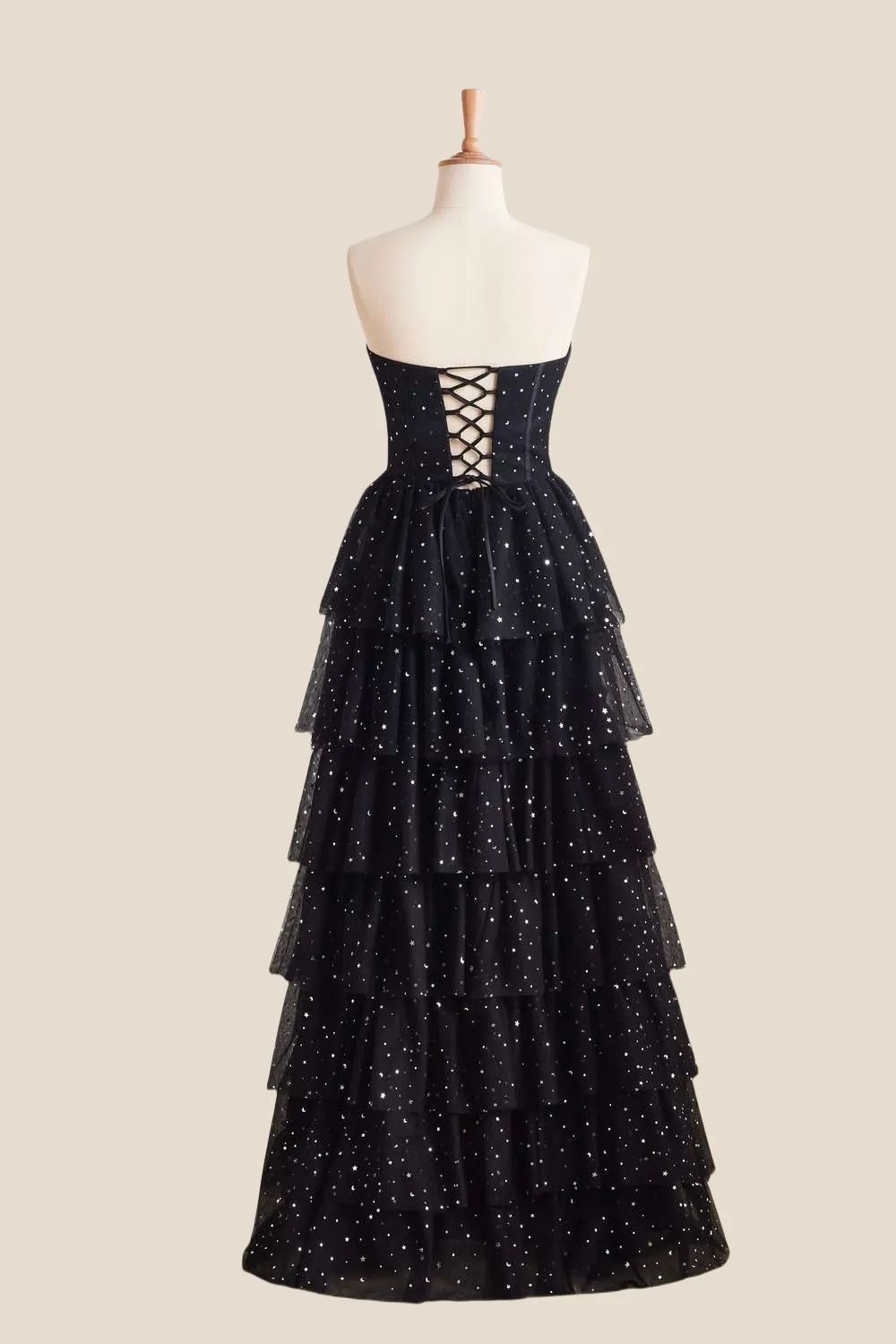 Strapless Black Stars Tiered Tulle Long Dress