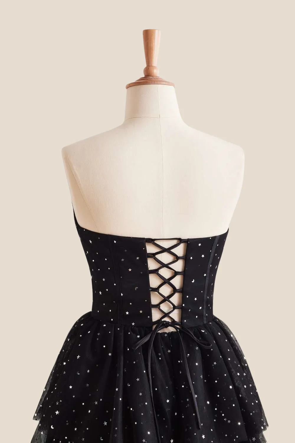 Strapless Black Stars Tiered Tulle Long Dress