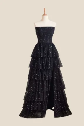 Strapless Black Stars Tiered Tulle Long Dress