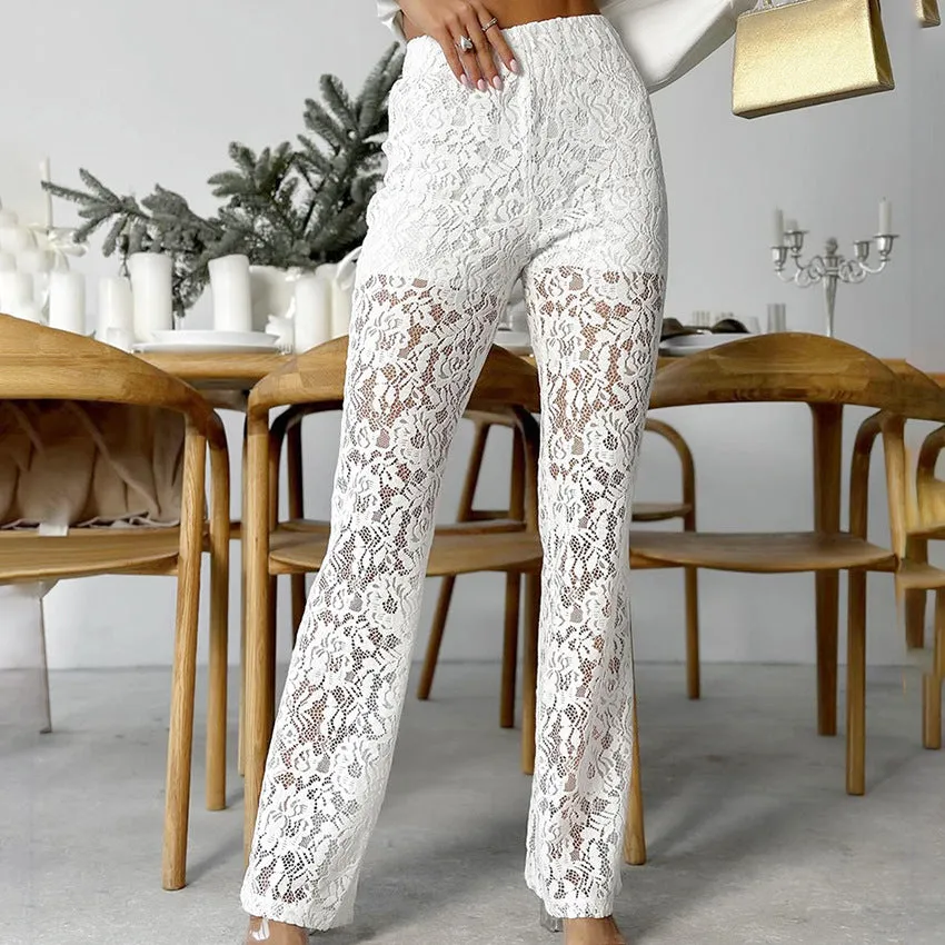 Summer Fashion French Lace High Waist Elastic Casual Flared Pants