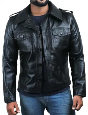 Turn Down Collar Black Leather Jacket