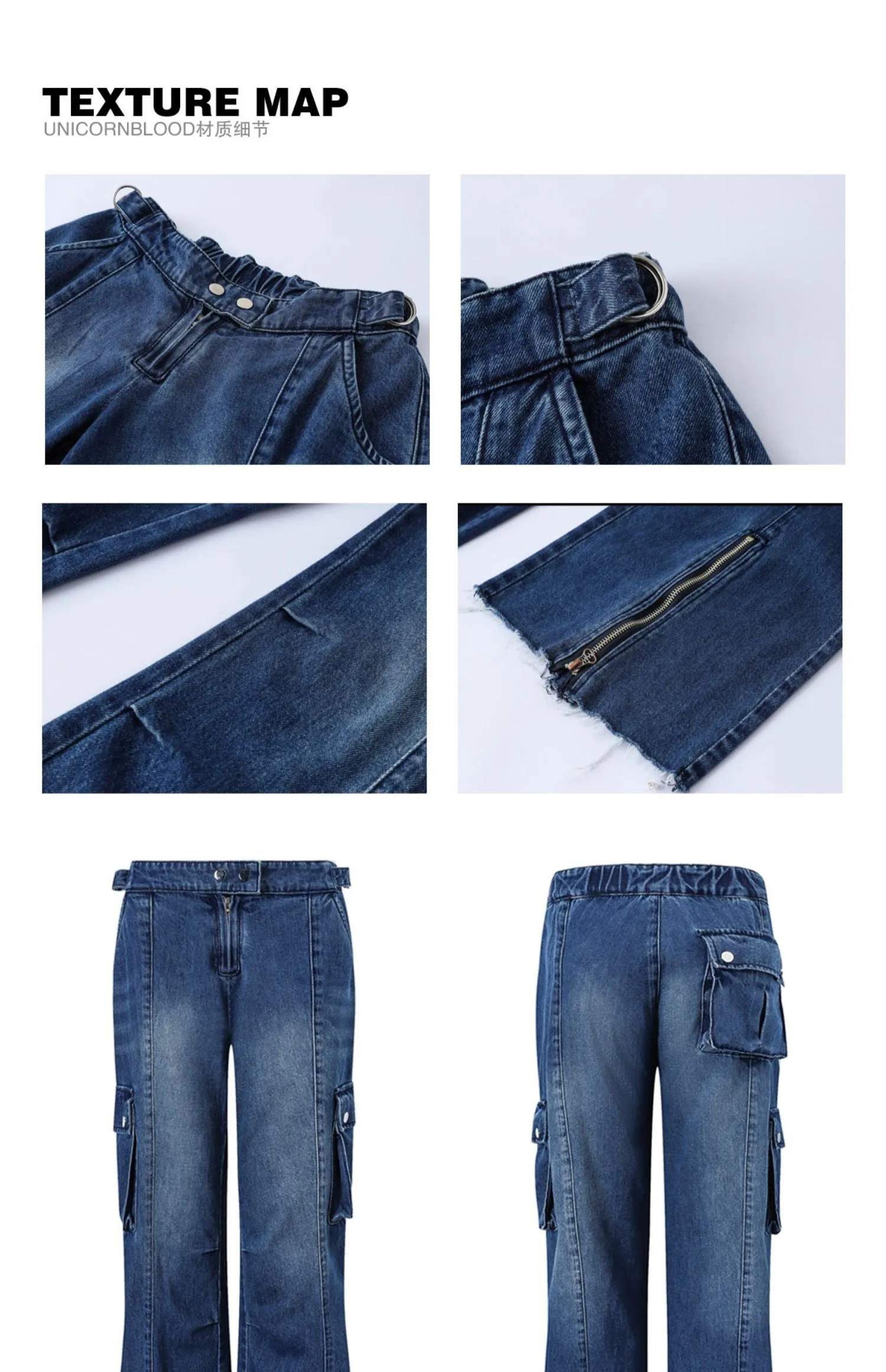 Unicorn Blood Denim Blue Multi-Pocket Straight Leg Low Waist Cargo Jeans Pants