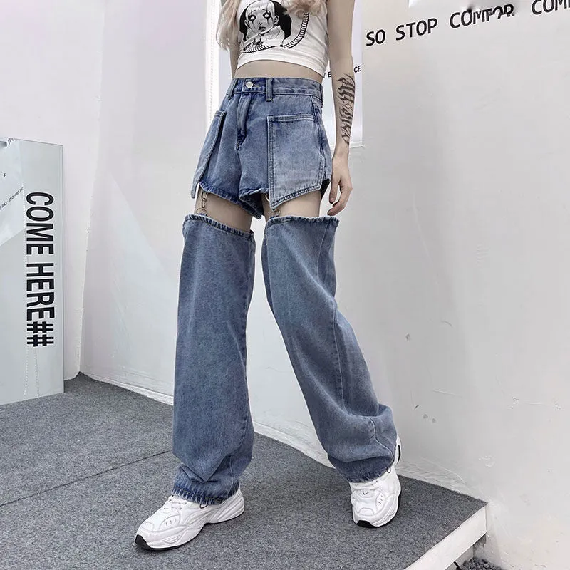 Uniwim  Jeans Women's Straight Tube Loose Summer New Personality Detachable Shorts High Waist Retro Skinny Wide Leg Jeans