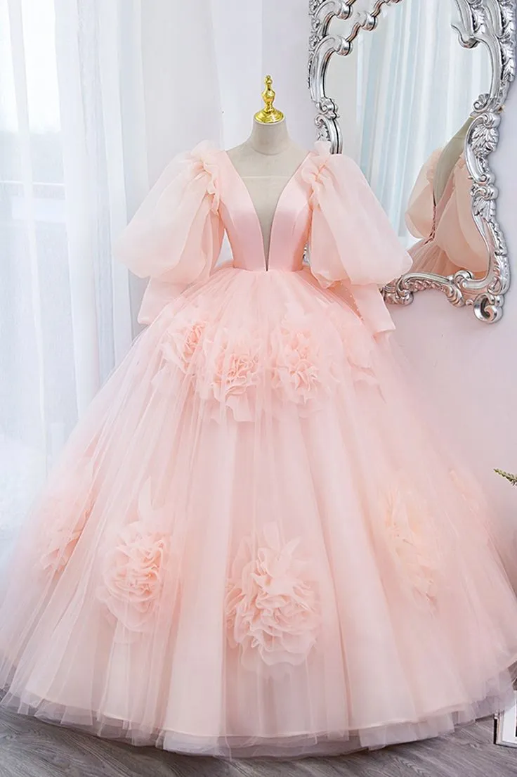 V-Neck Tulle Long Prom Dress, A-Line Puff Sleeve Princess Dress     fg5705