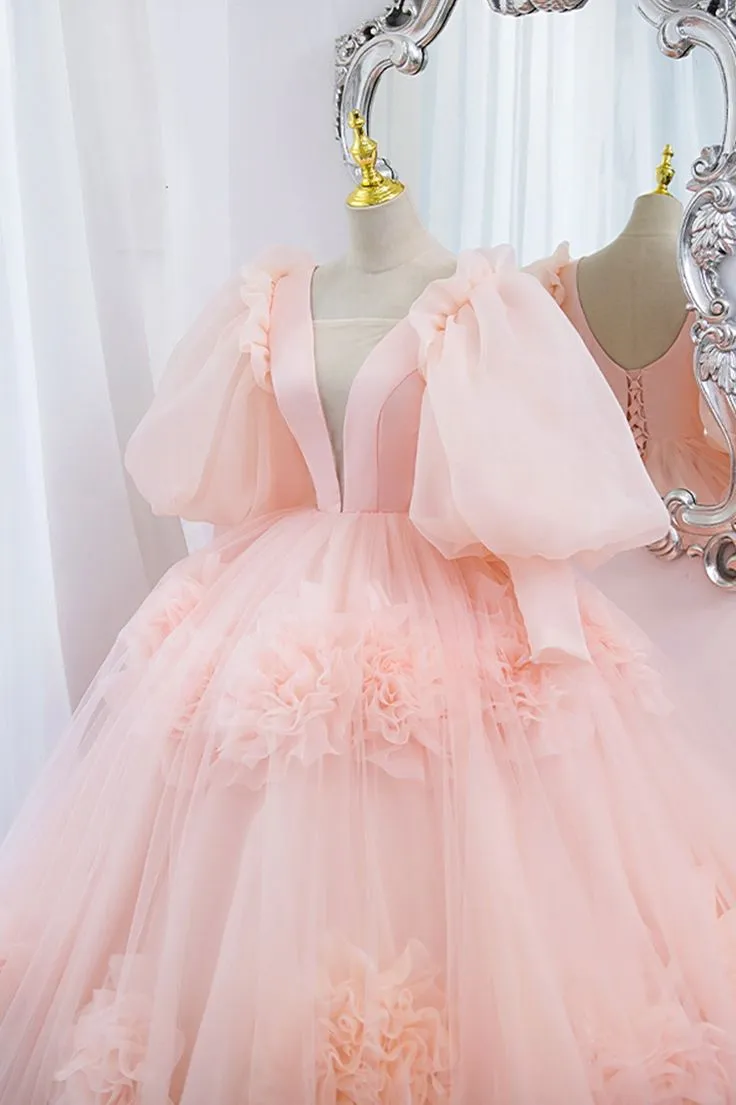 V-Neck Tulle Long Prom Dress, A-Line Puff Sleeve Princess Dress     fg5705