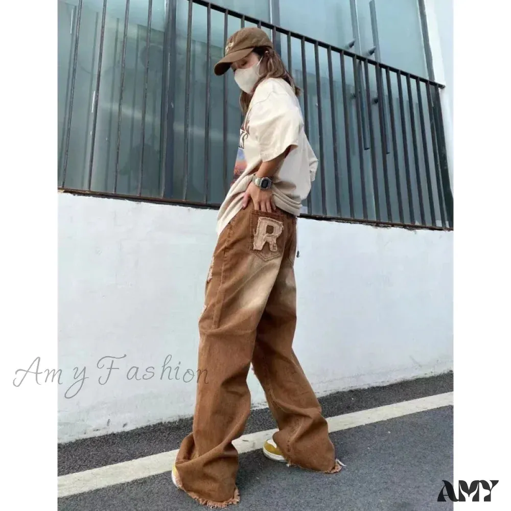 Vintage Letter Embroidery Fashion Y2K Streetwear Wide Leg Hip Hop Baggy Jeans