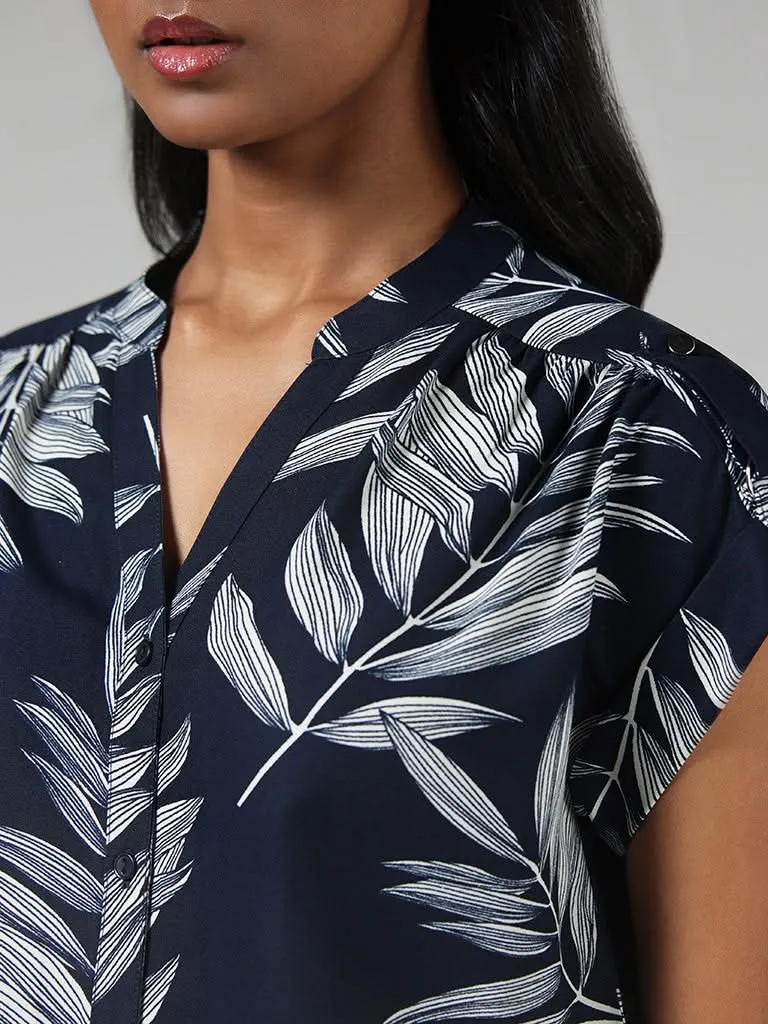 Wardrobe Navy Leaf Printed Shirt