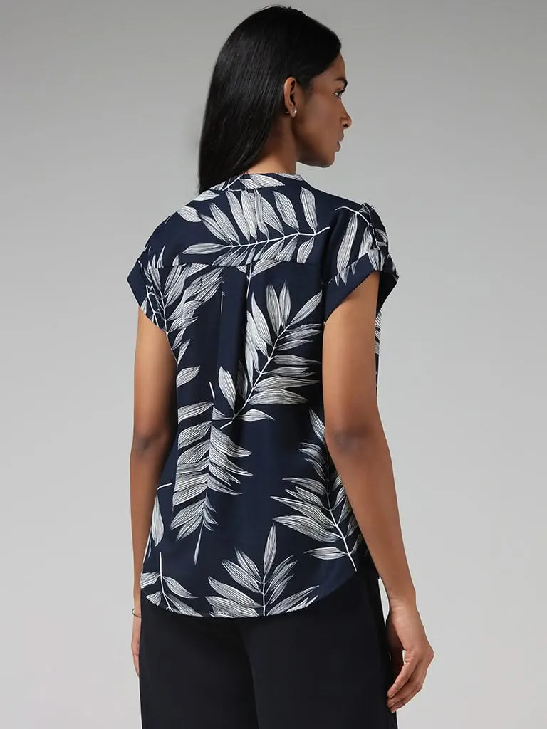 Wardrobe Navy Leaf Printed Shirt