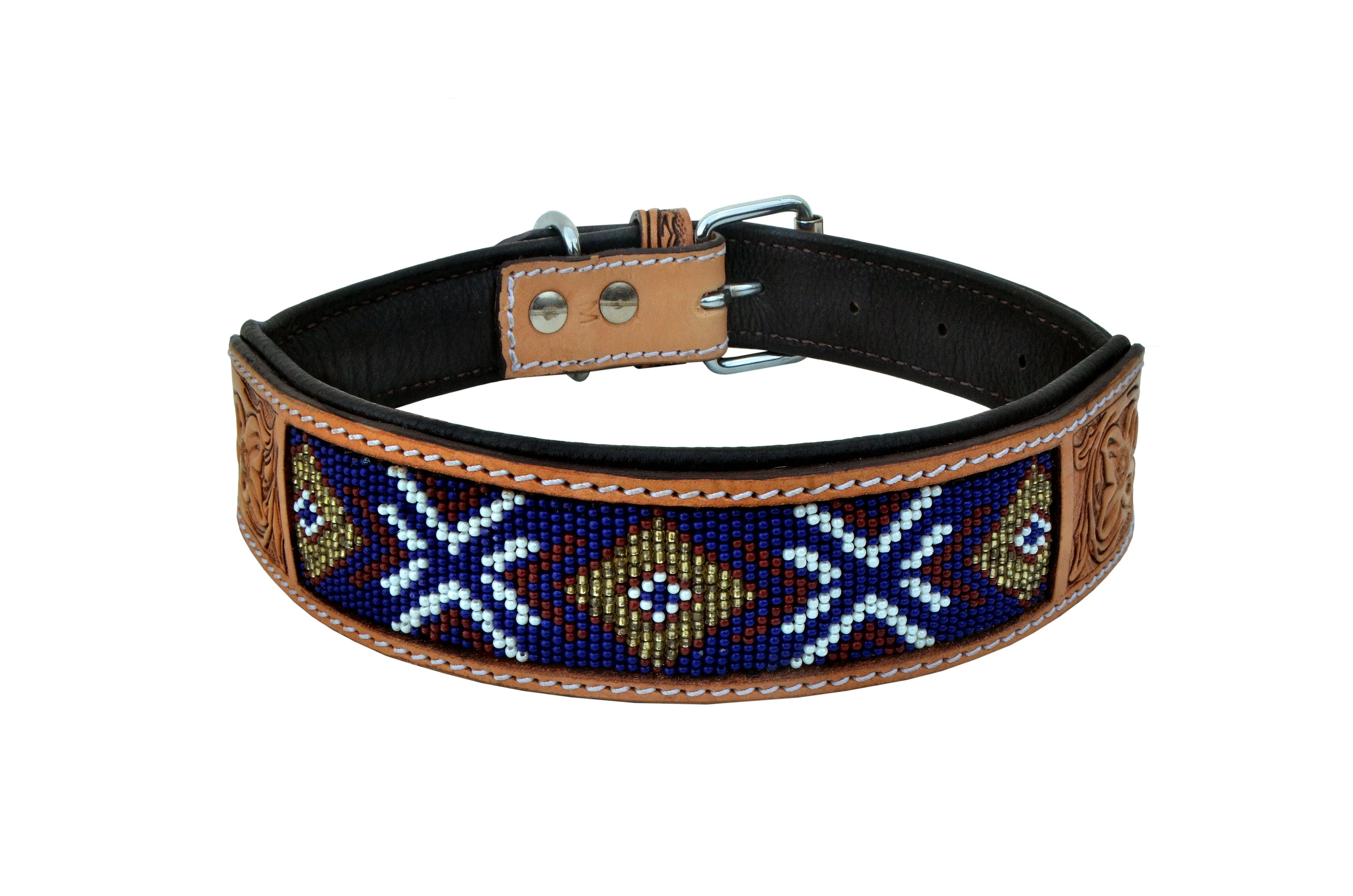 Western Style Beaded and Tooled Leather Dog Collar With Padded Soft Lining 10AB014