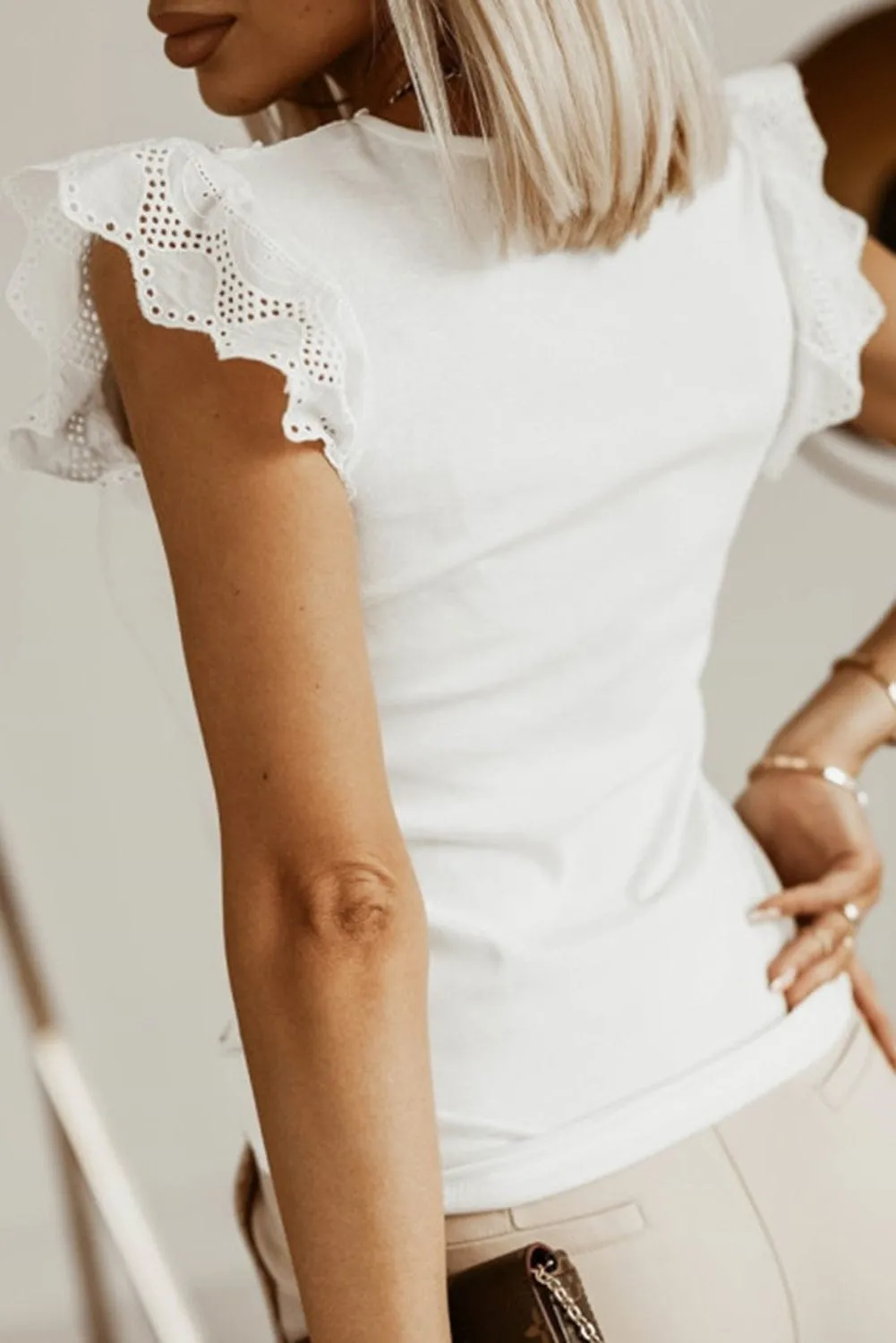 White Lace Splice Ruffle Eyelet Flutter Sleeve Top