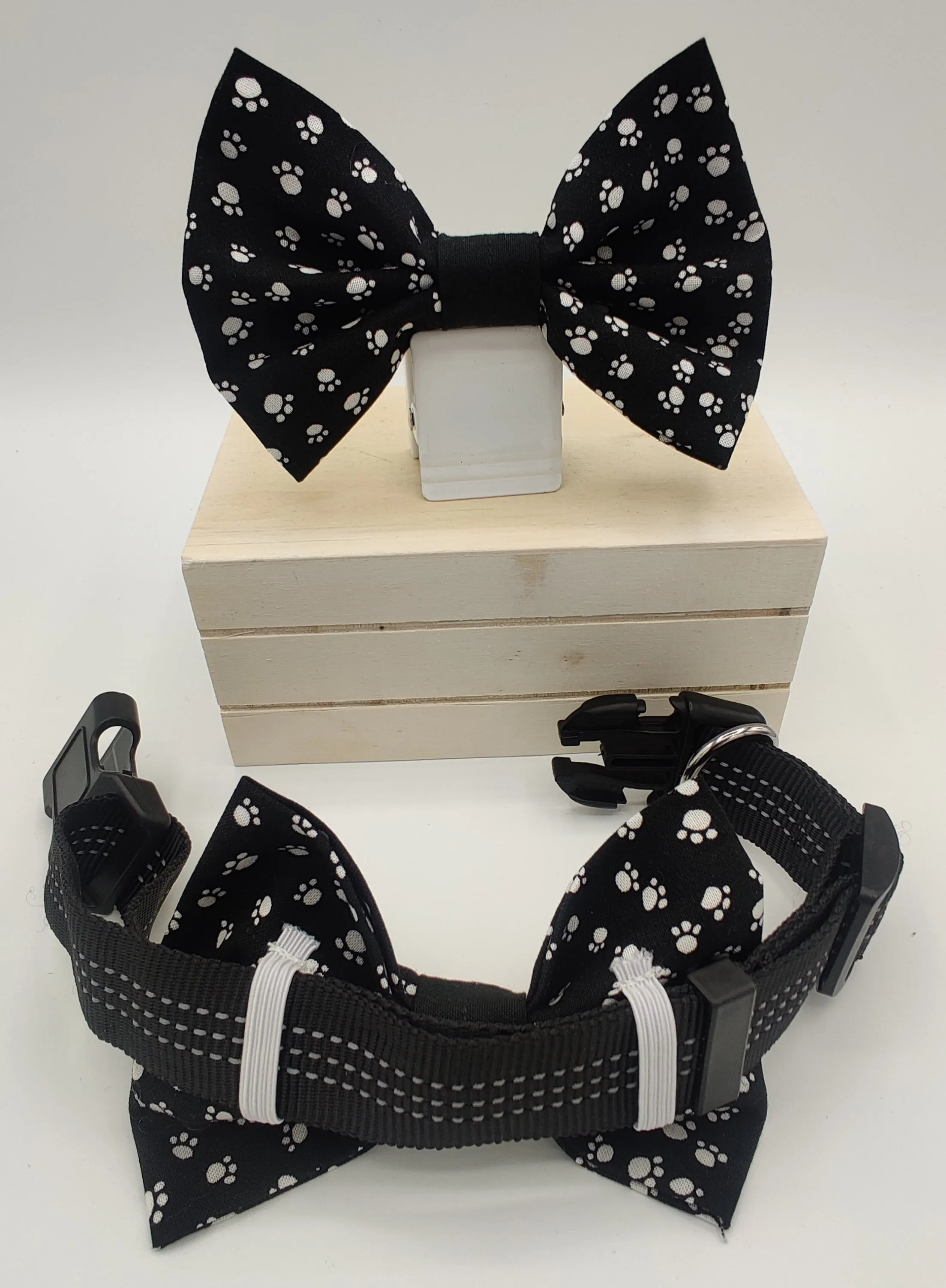 White Paws on Black Collar Bow