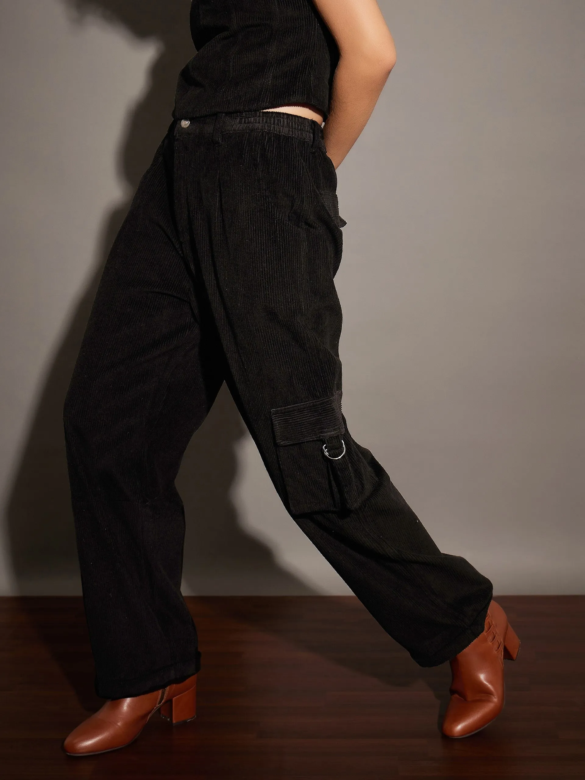 Women Black Corduroy Multi Pocket Cargo Pants