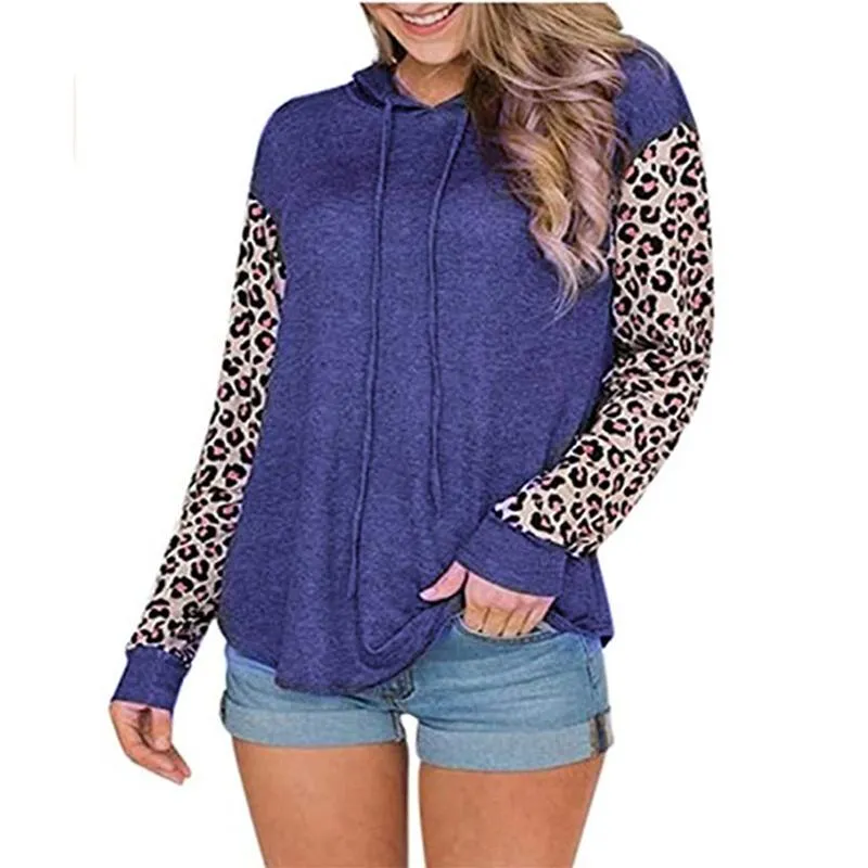 Women leopard long sleeve drawstring pullover crewneck sweatshirt