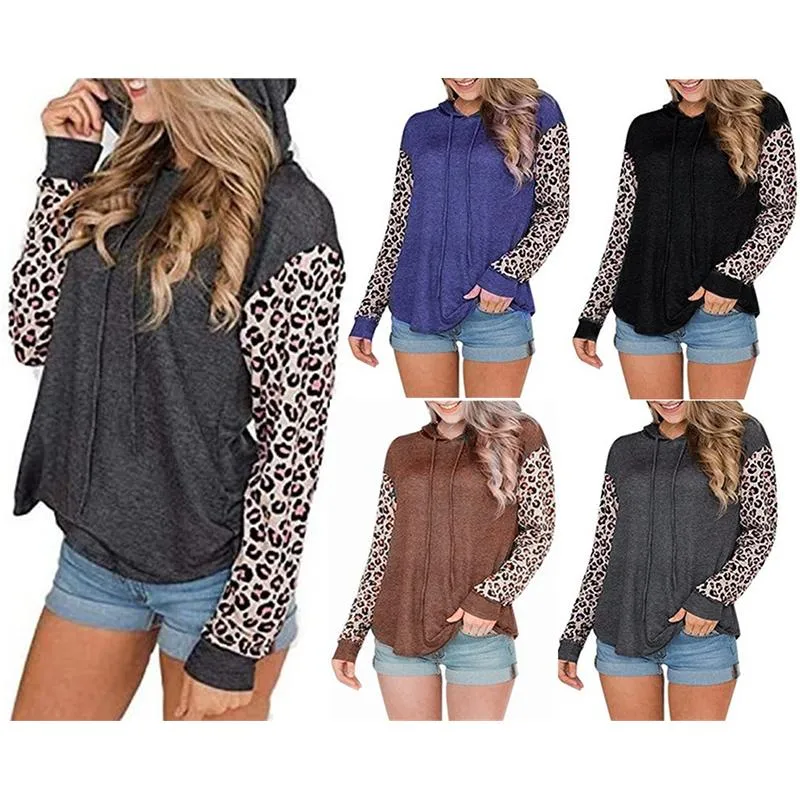 Women leopard long sleeve drawstring pullover crewneck sweatshirt