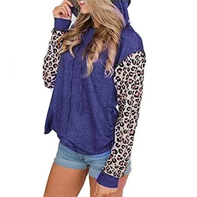 Women leopard long sleeve drawstring pullover crewneck sweatshirt