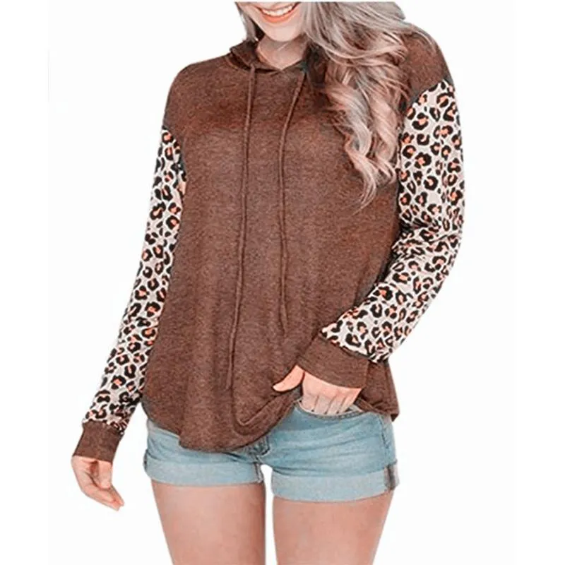 Women leopard long sleeve drawstring pullover crewneck sweatshirt