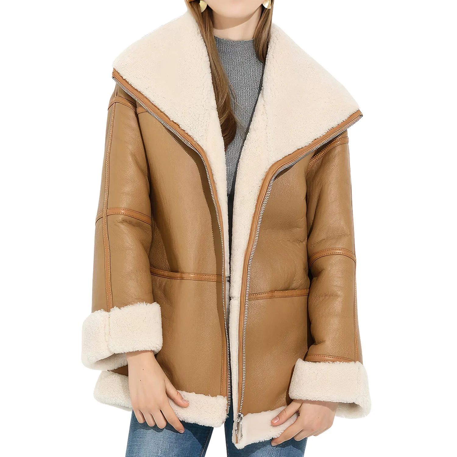 Women’s Camel Brown Genuine Sheepskin Sherpa Shearling Faux Fur Lined Winter Warm Eco-Fur Fashionable Aviator Pilot Leather Jacket