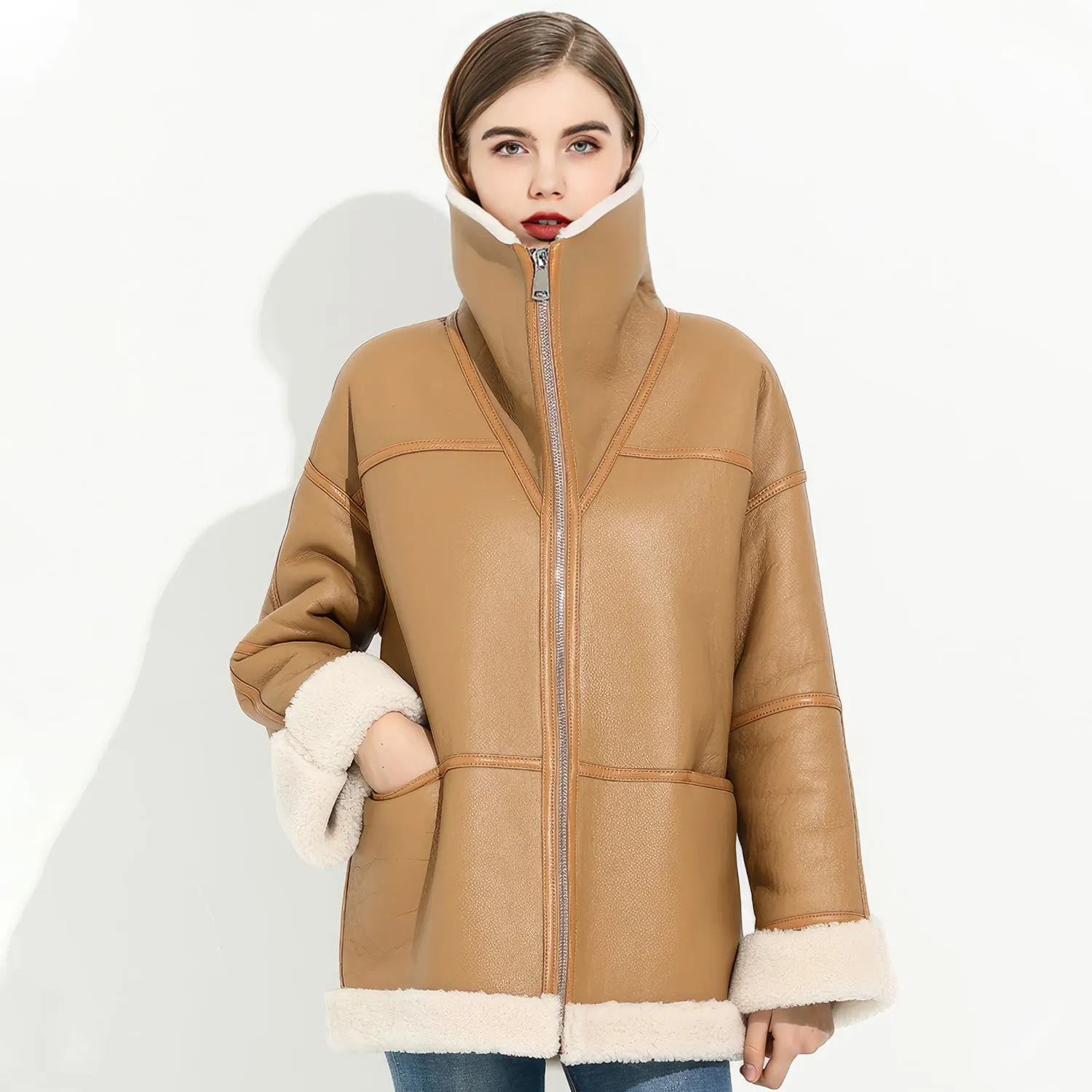 Women’s Camel Brown Genuine Sheepskin Sherpa Shearling Faux Fur Lined Winter Warm Eco-Fur Fashionable Aviator Pilot Leather Jacket