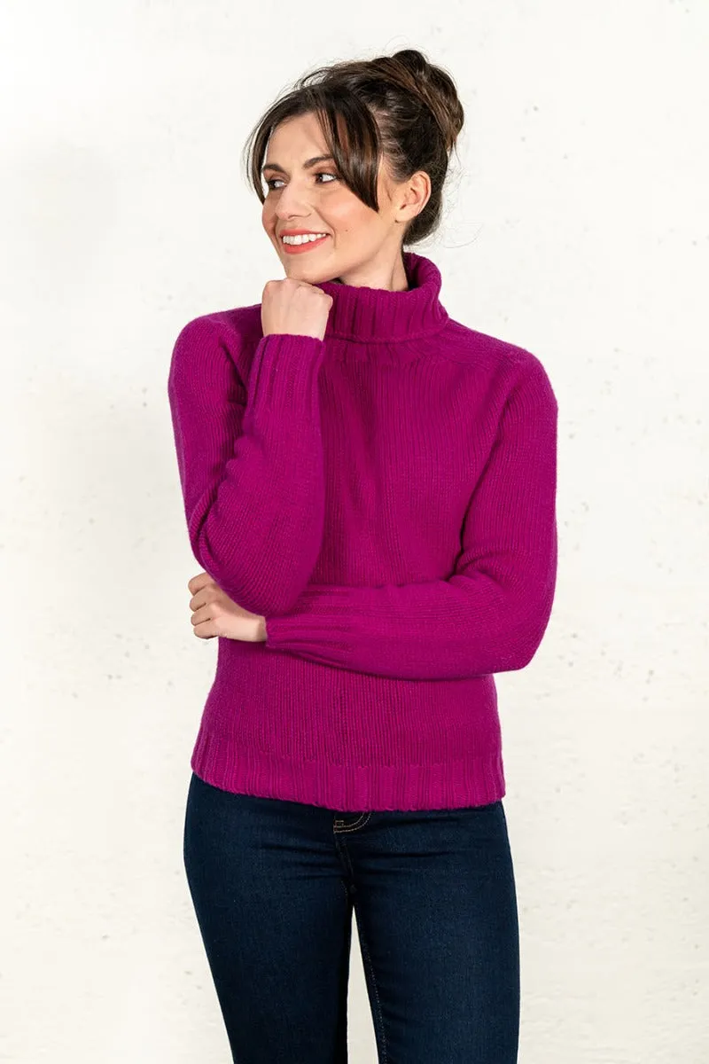 Womens Chunky Geelong Superfine Lambswool Polo Neck Jumper - Pink