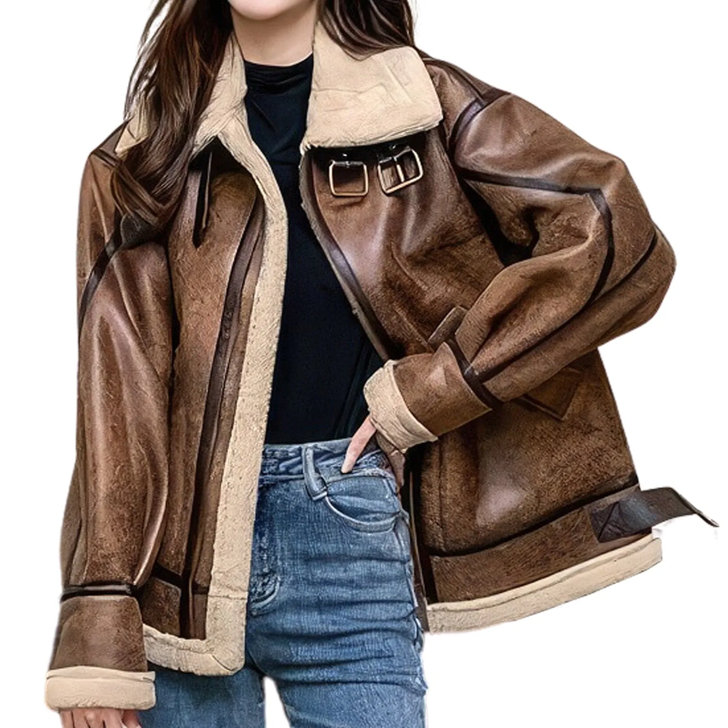 Women’s Distressed Brown Aviator Genuine Sheepskin Sherpa Shearling Faux Fur Lined Thick Winter Warm Streetwear Chic Flight Pilot Leather Jacket