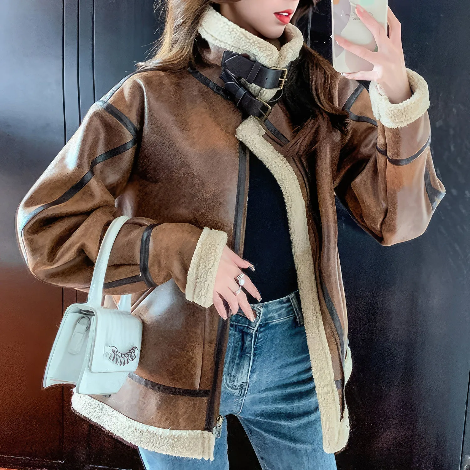 Women’s Distressed Brown Aviator Genuine Sheepskin Sherpa Shearling Faux Fur Lined Thick Winter Warm Streetwear Chic Flight Pilot Leather Jacket