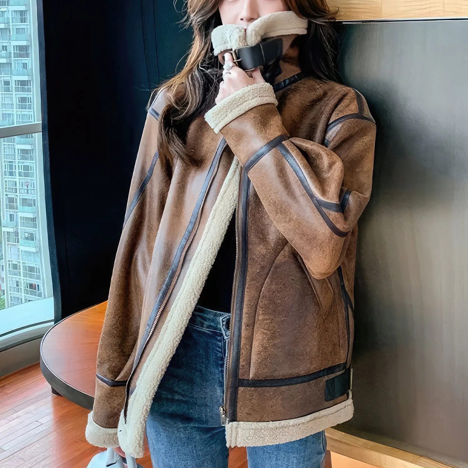 Women’s Distressed Brown Aviator Genuine Sheepskin Sherpa Shearling Faux Fur Lined Thick Winter Warm Streetwear Chic Flight Pilot Leather Jacket