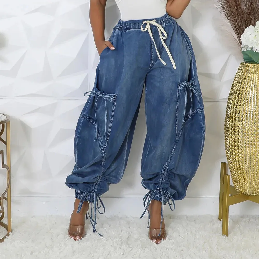 Women's Luxe Elastic Waist Harem Denim Pants