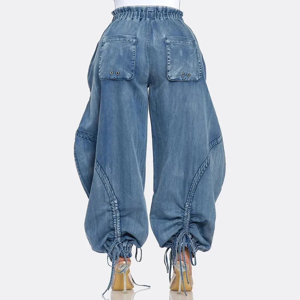 Women's Luxe Elastic Waist Harem Denim Pants