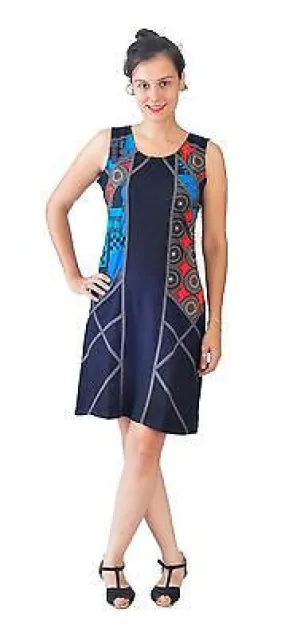 womens-sleeveless-evening-dress-with-multicolored-pattern-and-patch