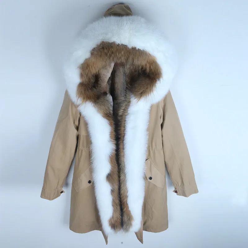 Women's Winter Casual Slim Long Warm Parka With Rabbit Fur