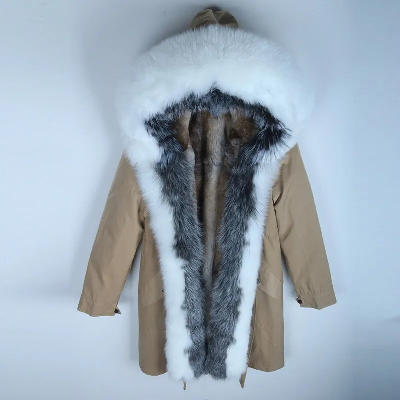 Women's Winter Casual Slim Long Warm Parka With Rabbit Fur