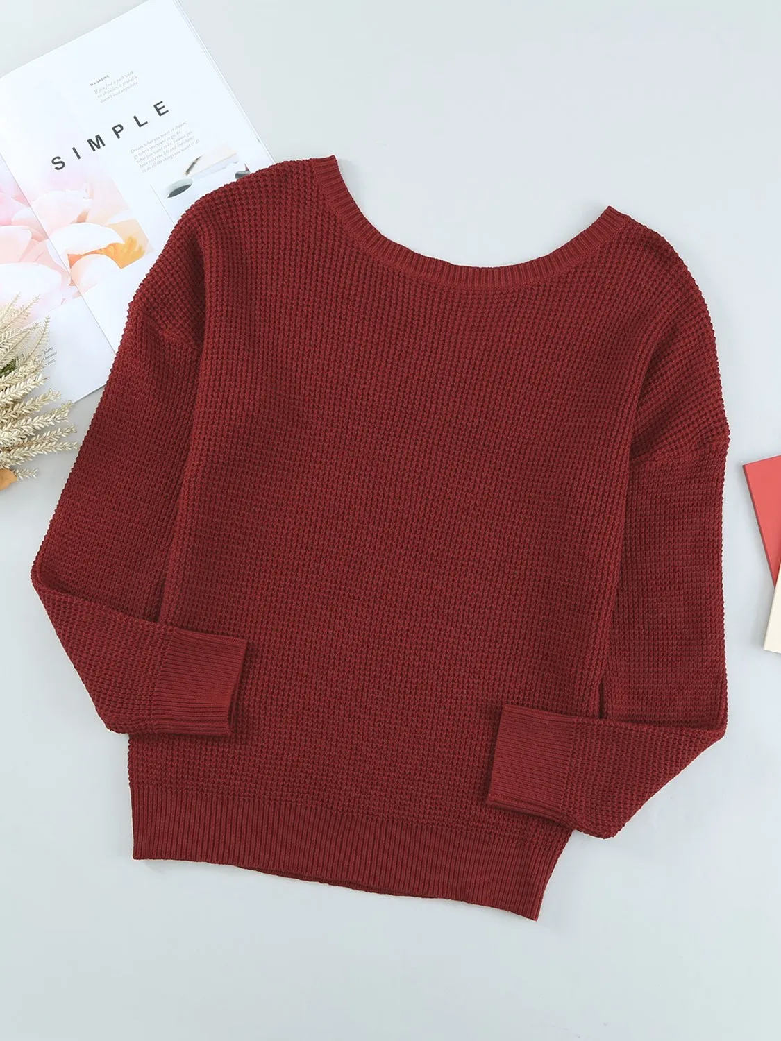 Woven Right Crisscross Back Waffle-Knit Sweater