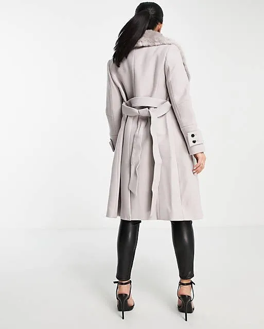 Wrap Tie Coat With Faux Fur Collar In Mink