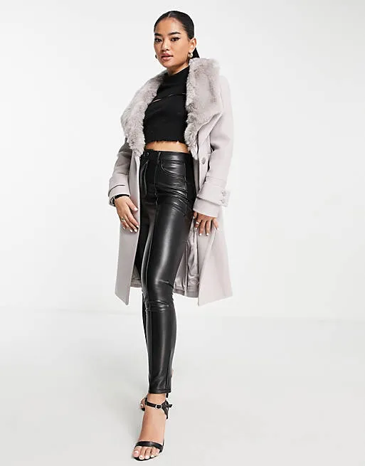 Wrap Tie Coat With Faux Fur Collar In Mink