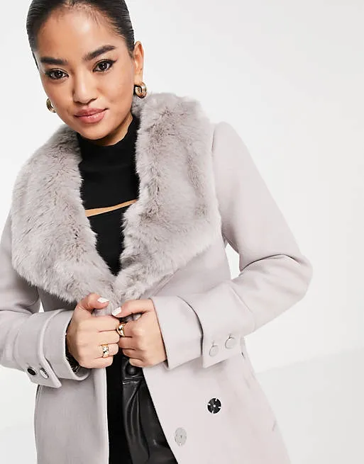 Wrap Tie Coat With Faux Fur Collar In Mink