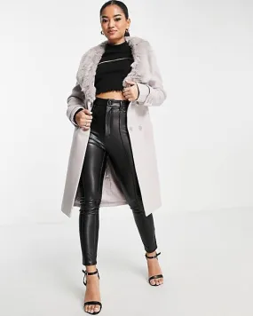 Wrap Tie Coat With Faux Fur Collar In Mink