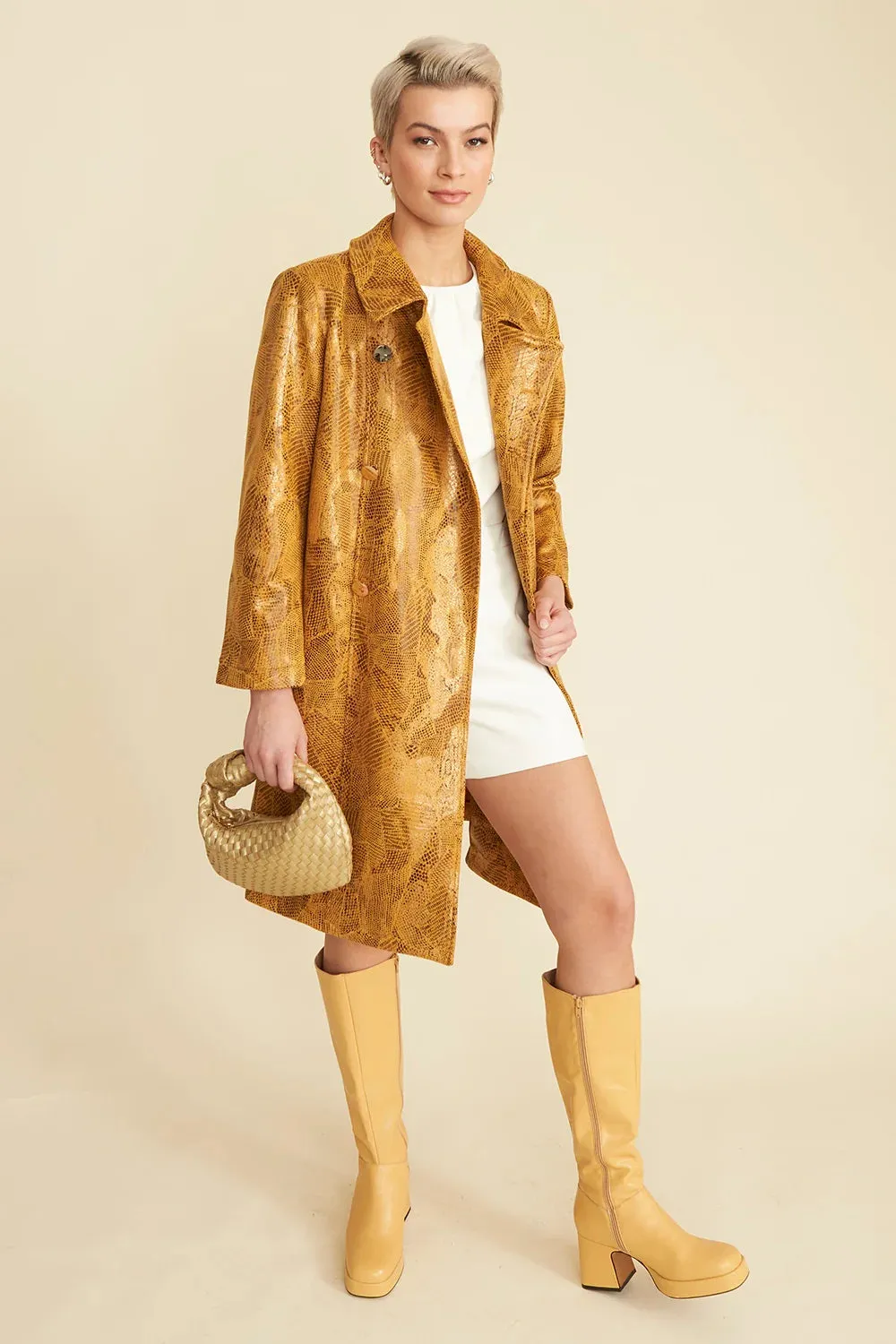 Yellow Faux Suede Snake Print Mara Coat